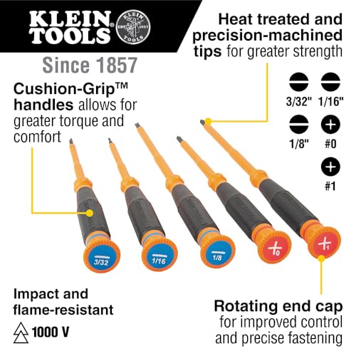 Klein Tools 6264INS Insulated Precision Screwdriver, #1 Phillips Mini Electrician Screwdriver, 1000-Volt Cushion Grip Handle - style: #1 Phillips