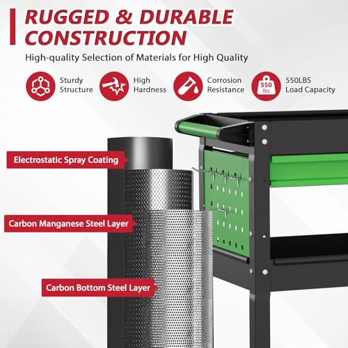 3 Tier Rolling Tool Cart on Wheels, Heavy Duty Industrial Utility Cart Service Cart with Drawer and Screwdriver Rack Pegboard, 550 LBS Mobile Tool Storage Organizer for Workshop, Garage(Green-Black) - color: Green-black