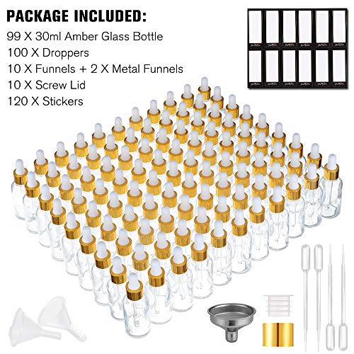 PrettyCare Glass Dropper Bottles 99 Pack, 1oz (30ml) Clear Empty Thick Bottles Bulk with Leakproof Golden Caps - With Labels & Funnels for for Storage, Travel,Essential Oils, DIY Serums - color: 1oz Clear, style: 99 Pack