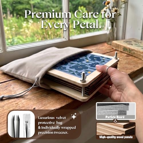 Fuwuu Flower Press Kit 7.1" - Medium Wooden Plant Pressing Book for DIY Art, Blue Camellia Design 6-Layer Leaf Flower Preservation Kit for Adults, Herbarium Scrapbooking Craft Gift