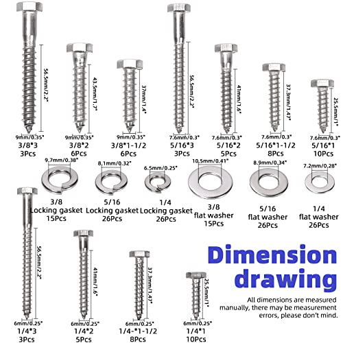 Glarks 201Pcs 1/4" 5/16" 3/8" 304 Stainless Steel Hex Lag Screws Assortment Kit Hex Lag Bolts with Flat Washers and Lock Washers Set for Fixing Metal, Wood, Plastic Materials - size: 1/4"+5/16"+3/8" Lag Screws Set