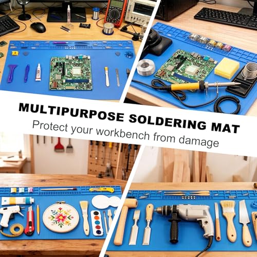 Extra Large Soldering Mat with Wristband & Grounding Accessories, 32.3’’x16.6’’ Large Silicone Solder Mat, 932℉ Heat Resistant Mat, Large Repair Workbench Pad for Electronics Repair (Blue) - color: Blue