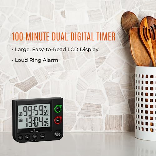 MARATHON Dual Digital Timer, 100-Hour Count Up/Down, Large Display, Black - color: Double Timer Black
