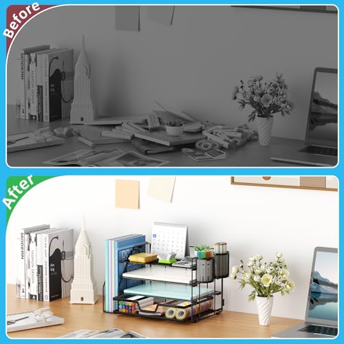 Marbrasse 4-Tier Paper Tray Organizer with Drawer and Pen Holder, Black - color: Black