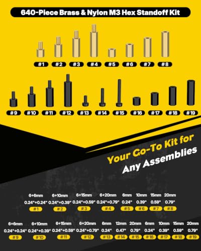 Vibit 640 Pcs M3 Brass and Nylon Standoff Kit, Male-Female & Female-Female Hex Motherboard Standoffs PCB Standoffs with Spacers Screws & Nuts, Hex Standoff Screws Assortment Kit for Circuit Boards - size: M3,640Pcs(Nylon&Brass)
