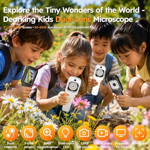 Kids Microscope Camera Autofocus Magnifier 500X STEM Gift Toy for Ages 4-12 - color: Black