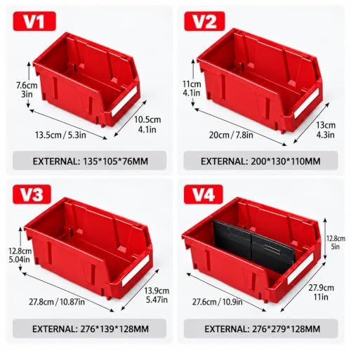6 Pack Stackable Parts Bins, 5x4x3 in, Plastic Small Parts Organizer, Red - color: Red-6 Pack, size: 5"x4"x3"
