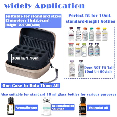 Insulin Fridge Holder Storage Case Insulin Vial Protector Holder peptide storage case fridge Fits Standard 1-10ml - color: Gold-15 Slots
