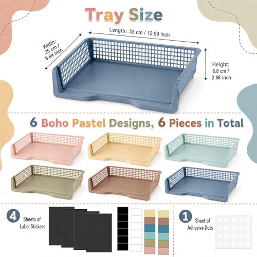 Set of 6 Boho Turn in Trays with Label Stickers for Teachers Stackable Classroom Paper Letter Trays Plastic Classroom Desk Letter Organizer Tray Storage Baskets for Library, Drawers, Office, Home - color: Boho