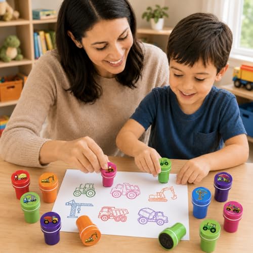Cinrobiye 24 Pcs Construction Vehicle Stampers Party Favor Set, Cute Building Truck Stamps for Kids Birthday Party, Classroom Rewards, Carnival Prizes, Goody Bag Fillers, Themed Party Supplies - color: Construction Vehicle