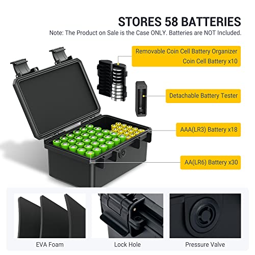 KIWIFOTOS 58 Slots AA AAA Battery Case Holder with Tester IP67 Waterproof - color: 58 Slots AA & AAA & Coin Battery Case