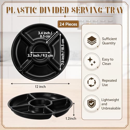 24 Pcs 5 Compartment Divided Serving Trays Plastic,Black - color: Black