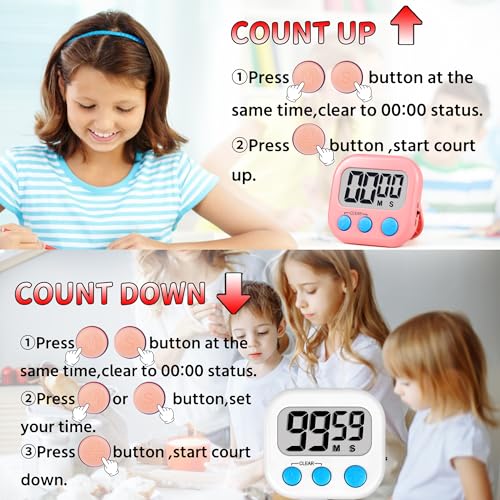 Timer for Kids Digital Kitchen Timers for Cooking- 2 Pack White Pink - color: White Pink