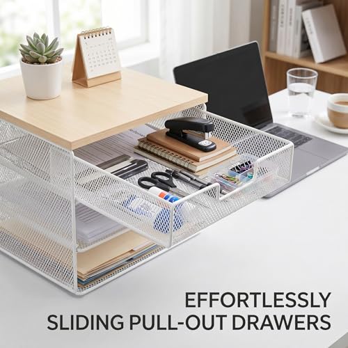 4-Tier Mesh Desk Organizer and Accessories with Drawer Wooden Top Desktop Organizers Letter Tray Paper Organizer File Holder for Home Office School White - color: White