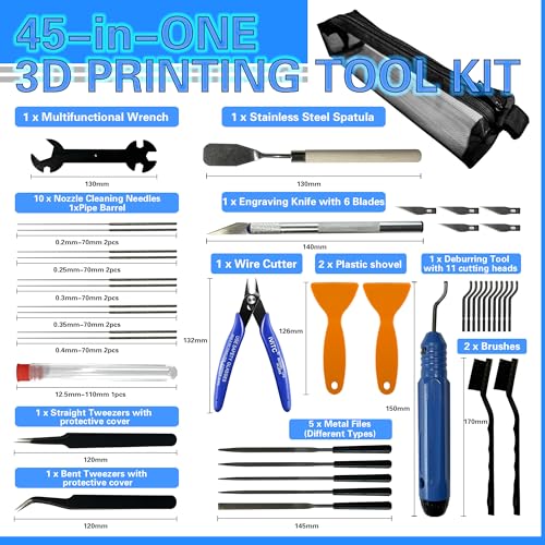 45 PCS 3D Printer Tool Kit - Universal Accessories Including Deburring Tools, Nozzle Cleaners, Scrapers, Sanding Tools, Files, Brushes & Translucent Storage Bag - color: 45 PCS