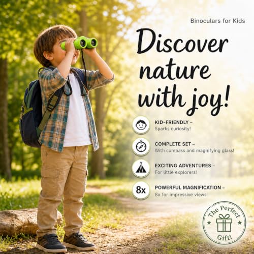 Binoculars for Kids – Perfect Toy for Little Boys and Girls – Extensive Set Incl. Magnifying Glass & Compass – Powerful Magnification 8X21 – 3 to 12 Year Old Kids for Toddler - color: Green