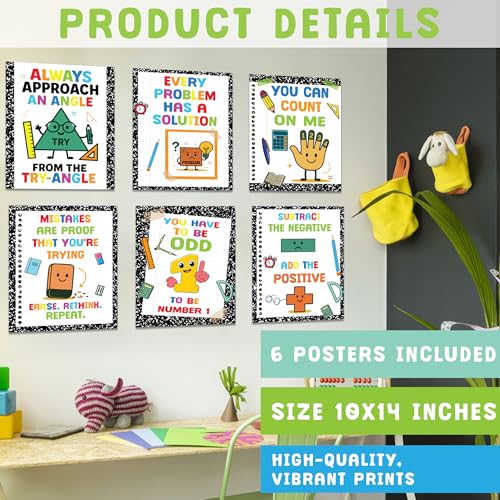 KATINAT 6pcs Math Posters for Preschool, Middle School, Math Classroom Must Haves, 10" x 14" Motivational Posters for Classroom, Composition Notebook Classroom Décor, Teacher Supplies - color: Math Poster