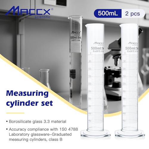 500ml Sturdy Glass Graduated Cylinder, 2PCS of Cap.500ml/±5.0ml Borosilicate 3.3 Glass Measuring Cylinders, Class B,MCG500-002 - size: 2PCS of Vol.500ml