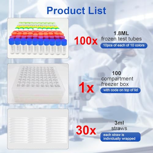 self standing lab test tubes,plastic frozen test tube set contains 100pcs 1.8ml self standing frozen tubes with screw caps,a 100-compartment coded freezen box,30pcs individually wrapped straws