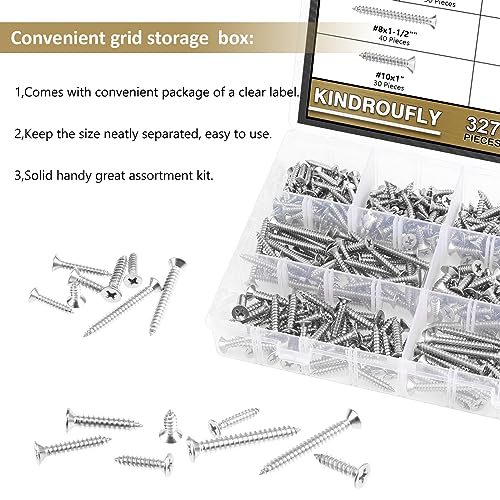327 Pieces #6#8#10 Phillips Countersunk Head Self-Tapping Screws, Wood Screws Assortment Kit, 304 Stainless Steel - size: #6#8#10