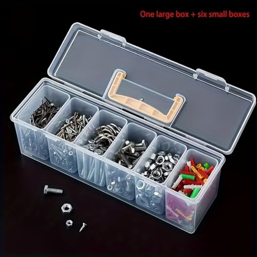 Plastic Hardware Storage Box with 6 Removable Compartments, Clear Small Parts Organizer with Handle, Portable Container for Screws, Nuts, Bolts, Crafts