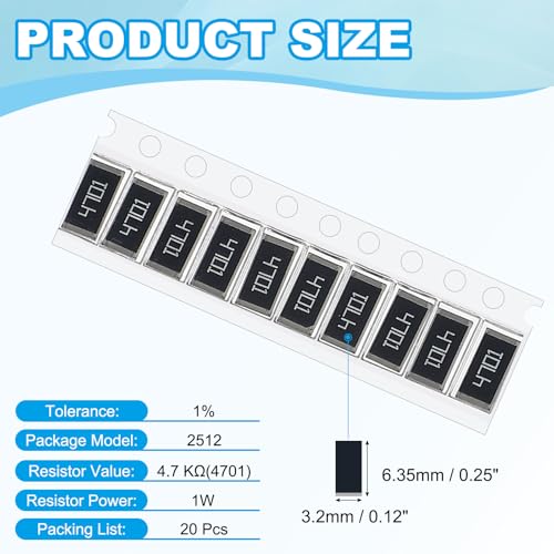 PATIKIL 2512 Surface Mount Device Chip Resistor Kit, 20Pcs 4.7K Ohm 1% Tolerance 1W DIY Resistor Ceramic Resistance Assortment Kits for Electronic Products - style: 4.7K Ohm