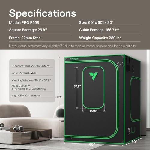 VIVOSUN P558 PRO Grow Tent 5x5 Large Indoor Grow Tents 60"x60"x 80" - size: 60"x60"x80"