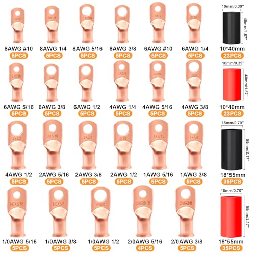 mankk 230PCS Copper Wire Lugs AWG 1 2 4 6 8 1/0 2/0 Gauge Battery Terminal Connectors Battery Cable Ends Connectors Copper Ring Terminal Kit with 3:1 Heat Shrink Tubing - color: 230PCS