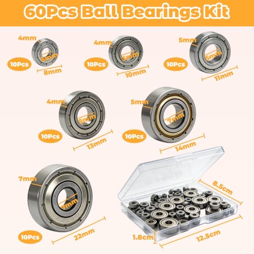 60Pcs Ball Bearings Kit 693ZZ 623ZZ 624ZZ 685ZZ 687ZZ 627ZZ 6 Sizes Small Bearings Assortment Kit Double Metal Sealed Shielded Bearings Carbon Steel Deep Groove Bearing