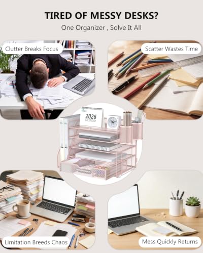 WALI Desk File Organizer, 5 Tier Desktop Paper Letter Tray Organizer with Drawer and 2 Pen Holders, Office Desk Accessories & Workspace Organizers for Office, Home Supplies(DO006DH-P), 1 Pack, Pink - color: Pink, size: 5 Tier