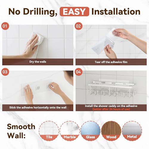 YASONIC Shower Caddy Adhesive, Rustproof Shower Organizer, Wall Shower Rack - color: Silver