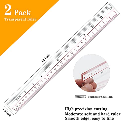 Ruler 12 inch, Clear Plastic 12 inch Ruler, Apply to Rulers for Kids and Office Use Measuring Tools, Transparent Metric Straight with Inches and Centimeters, Ruler Set Pack of 2