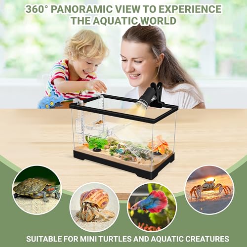 GOZILLA Mini Aquatic Turtle Tank Kit with Adjustable Lamp,PC Turtle Tank Starter Kit,Small Hermit Crab Tanks with Lid, Hanging Platform for Baby Turtles,Crabs,Fish.(11.8×7.24×7.1''/Black Kit) - color: Mini-Black01