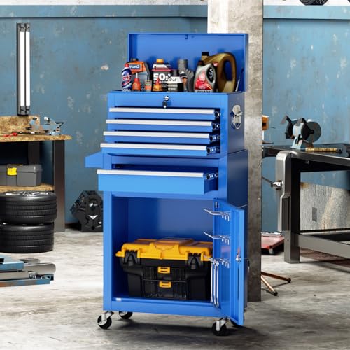 Oakcloud Heavy-Duty 5-Drawer Rolling Tool Chest & Cabinet Combo with Black Liner – Lockable Steel Garage Tool Box on Wheels – Detachable Top Toolbox & Bottom Storage Cart with Side Hooks - color: Blue, size: 5-drawer
