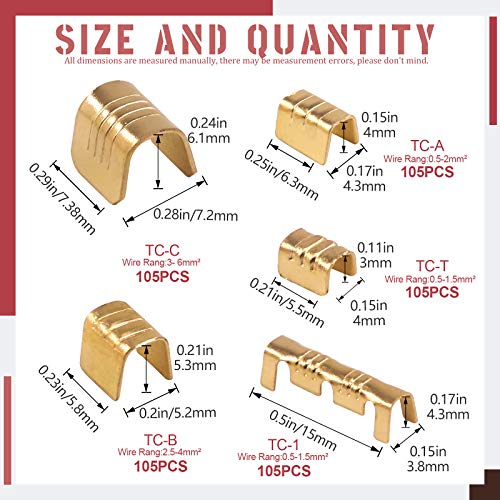 Hilitchi 525Pcs TC-1, TC-A, TC-B, TC-C, TC-T Non-Insulated U Shape Copper Ring Terminals Crimp Assortment Kit Wire Spade Electric Butt Connector