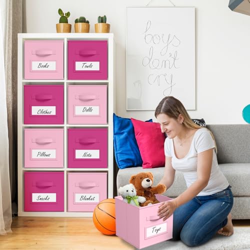 10 Pack Fabric Storage Cubes with Label 11" Collapsible Cube Bins, Pink - color: Pink, Rose Red, size: 11 Inch
