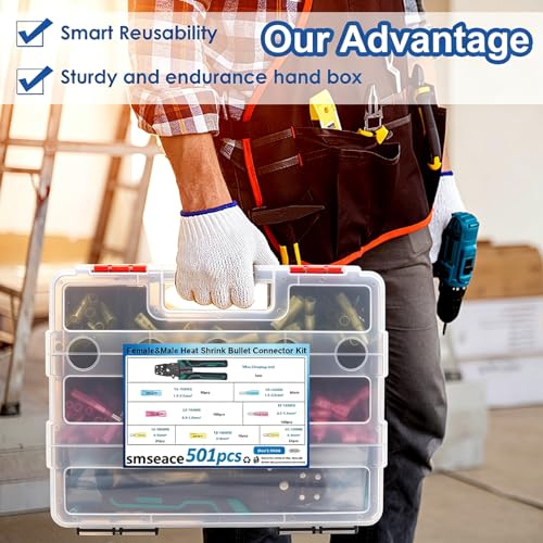 smseace 501PCS Heat Shrink Bullet Connectors with Crimping Tool 22-10AWG Waterproof Bullet connectors Heat Shrink Female&Male Connector for Automotive Boat Stereo Industrial Equipment - color: 501pcs