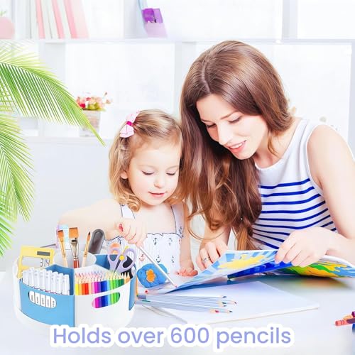 Rotating Art Supply Organizer Storage Caddy for Kids, 7 Bins Craft Crayon Marker Organizers for School Desk, Lazy Susan Pencil Holder for Classroom Organizations (blue and white) - color: blue and white