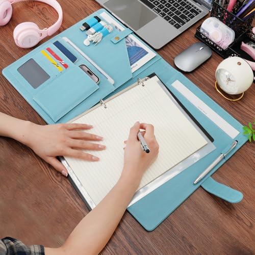 Wonderpool A4 PU Leather Portfolio Holder Ring File Document Case with Removable Binder Clipboard, Multi Pocket and Legal Pad for Business Organizer Interview and Meeting (Light Blue) - color: Light Blue