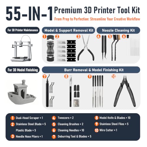 3D Printer Tools Kit, 3D Printing Tool Kit with Deburring Tool, Hobby Knife, Files, Scraper-Black-56PCS