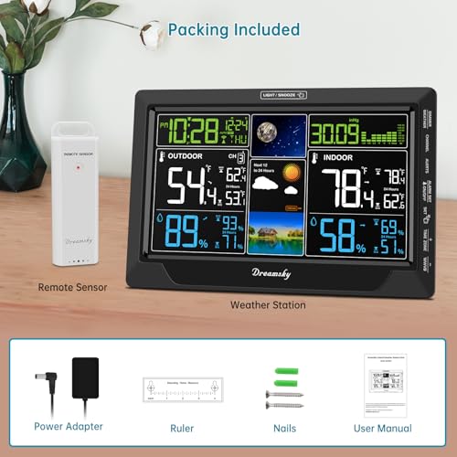 DreamSky Weather Station Indoor Outdoor Thermometer Wireless, Atomic Clock - color: Jet Black with 1 sensor