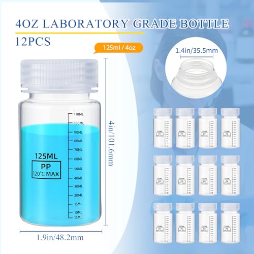 Tatuo 12 Pcs 4oz 125 ml Plastic Sample Bottles with Screw Cap, Liquid Containers with Lid for Lab Reagent Sample Medicine Pill Water Storage, Travel Bottles(Clear,Wide Mouth-Dark Scale) - color: Clear, size: 4 oz 125 ml, style: Wide Mouth-dark Scale