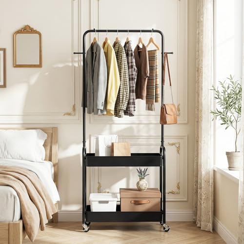 GIANTEX Rolling Clothes Rack, Heavy-Duty Clothing Rack w/ 2 Storage Baskets - color: Black