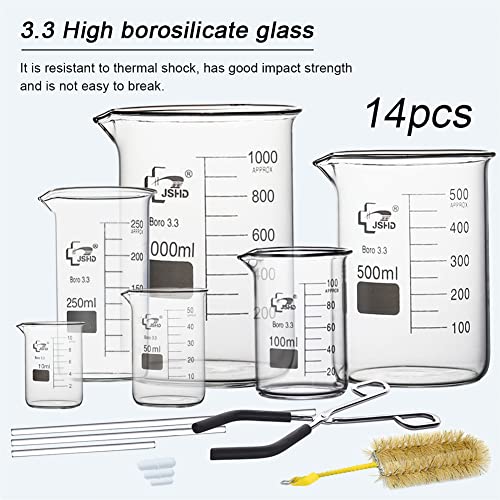 14PCS Glass Beaker Set, 6 Sizes - 10ml 50ml 100ml 250ml 500ml 1000ml Graduated Beakers + 11" Beaker Tongs + 3pcs Glass Stirring Rods + 3pcs Magnetic Stir Bar + 1000ml Beaker Brush - size: 10ml 50ml 100ml 250ml 500ml 1000ml, style: Beakers+Tongs+Rods+Stir