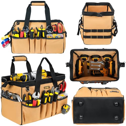 15-Inch Tool Bag,38 Pockets Tool Bags for Men,Heavy Duty Tool Box Organizer Storage,Wide Mouth Toolbag Tools Tote Carrying Case for Dad,Mechanic,Electrician,Brown,Bag Only