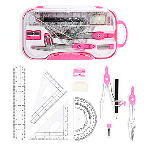 Vobou 10 pcs Math Geometry Set Student Supplies,Compass Kit Set (Pink) - color: Red