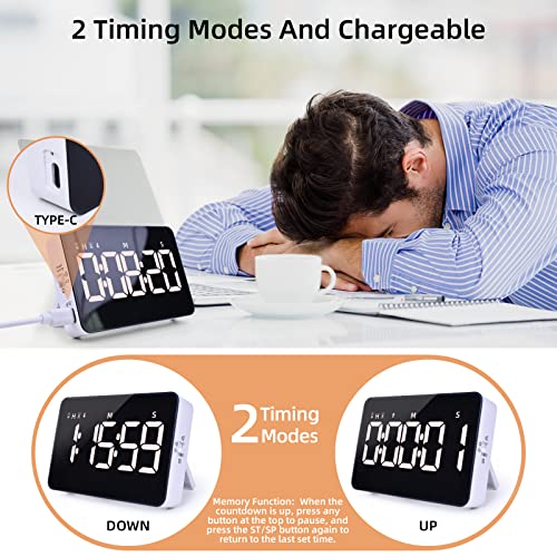 Rechargeable Digital Kitchen Timer for Cooking, Magnetic Timers with Countdown/up, Kids Timer with 5”LED Display 3 Brightness 4 Volume Adjustable for Classroom/Office/Home/Work/Study/Fitness/Game - color: Black+white