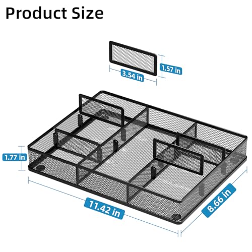 Marbrasse Desk Drawer Organizer, Metal Mesh Drawer Organizer Tray with 5 Adjustable Compartments,Desk Organizers and Accessories for Home,Office,Kitchen,Makeup,Vanity (Black) - color: Black