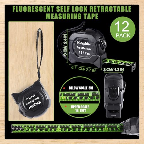 Kingdder 12 Pack Fluorescent Tape Measures Gifts 16ft/ 5m Self Lock Retractable Measuring Tape Back to School Gift Bulk High Contrast Dark Mode Read Measure for Dad(Black) - color: Black