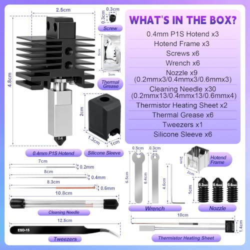 3 Pack Hotend Kit for Bambu Lab P1S/P1P, 3D Printer Hot End Replacement with Hardened Steel Nozzle 0.2/0.4/0.6mm, High Speed & Temperature Extruder Heating Block Hot End for Bambu Lab P1S/P1P - size: P1S Hotend Kit-6